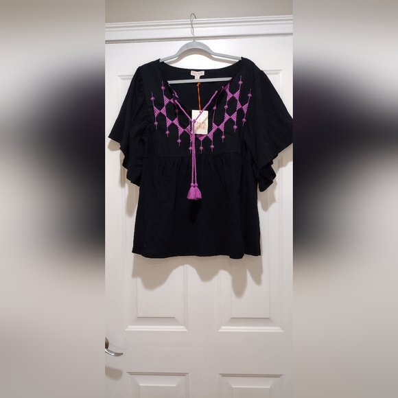 NWT  Knox Rose Black & Purple  Embroidered Boho Peasant Top Size 2X - Picture 3 of 7